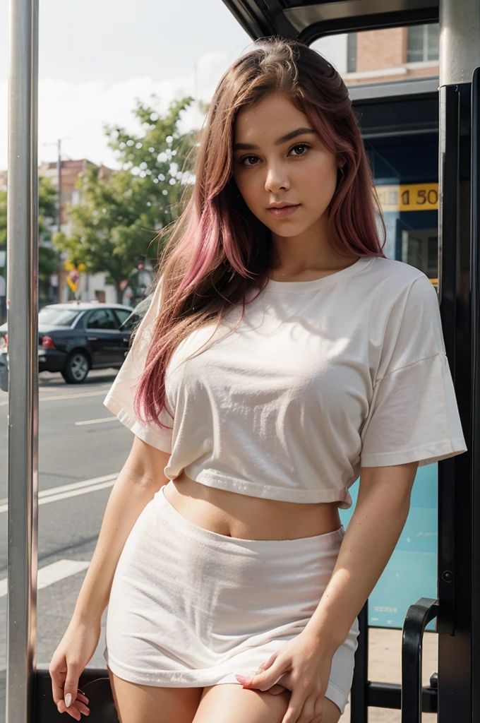 ( close up),RAW, Best Quality, high resolution, Masterpiece: 1.3), beautiful woman, Masterpiece, body in perfect shape, (medium bust),big and beautiful eyes, soft smile,thick thighs, Beautiful face,woman standing in front of a bus, pink hair, pose casual, profile headshot, wearing casual clothes, inspired by, wearing a blouse, wearing casual clothes, Casually dressed, Beautiful woman, taken in early 2010s Excellent lighting, bright colors, clean lines