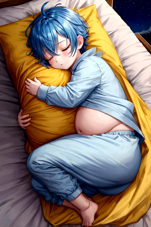Boy,cute boy,Big belly,blue hair,yellow eyes,sleep, sleeping in bed, night, baby, hugging baby