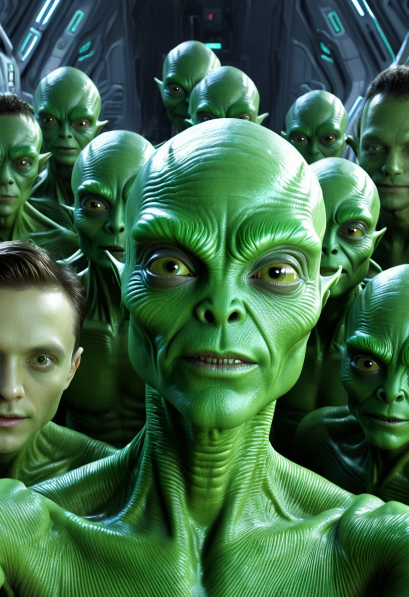 One guy taking a selfie with a group of green aliens, high details of the face and skin, high detail, logo: "neuro"