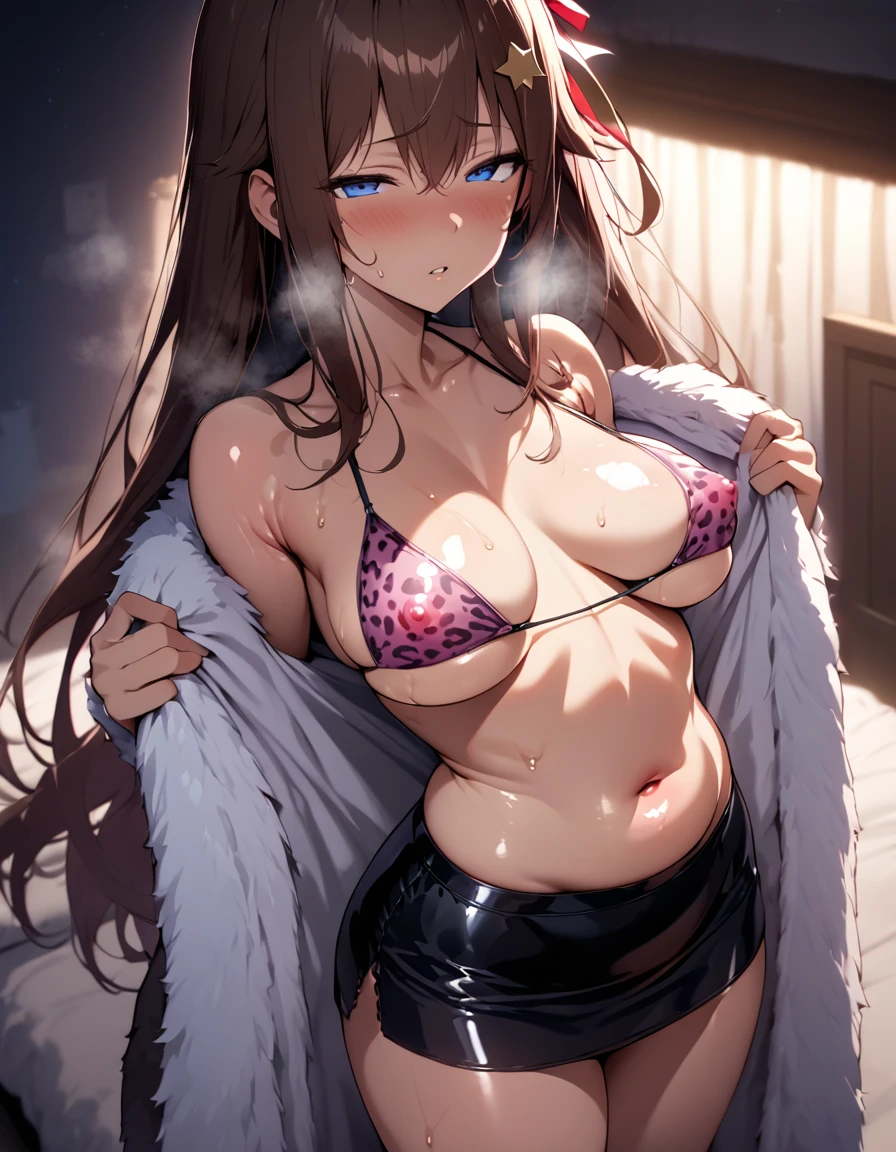 (masterpiece),(best quality),(ultra-detailed),(best illustration),(best shadow),(absurdres),(detailed background),(very aesthetic),1girl,solo,night,dim lighting,in narrow bedroom,heavy breath,shiny skin,sweat,,TokinoSora, long hair, star hair ornament,red hair ribbon, blue eyes,aged up,looking at viewer,slutty_clothes,pink and black bikini,leopard printing bikini,belly button,undressing fur coat,black latex miniskirt,red hair ribbon,in heat,horny,covered nipples,heart tattoo on belly,
pucker lips,half closed eyes,