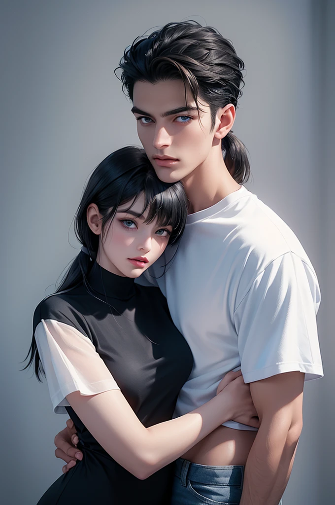 A tall handsome young man with black hair, with long black hair gathered in a tight ponytail, short bangs, blue eyes, he is wearing a white T-shirt and white jeans, he hugs an incredibly beautiful tall fateful young blonde woman with a very short haircut standing next to him, she has dark blue eyes, She is wearing a simple black dress. Masterpiece, perfect image, realistic pictures, detailed face study, full-length image, 8k, detailed image. an extremely detailed illustration, a real masterpiece of the highest quality, with careful drawing.