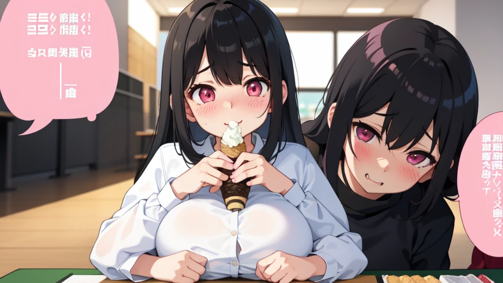 One girl,Black Hair,Pink eyes,(blush:1.1)、Embarrassed face、 ((Heavy breathing:1.3)), like,  smile、（Table tennis）、Big Breasts、whole body,I'm eating ice cream