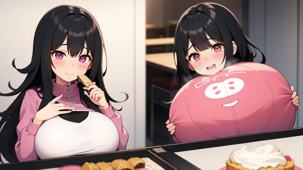 One girl,Black Hair,Pink eyes,(blush:1.1)、Embarrassed face、 ((Heavy breathing:1.3)), like,  smile、（Table tennis）、Big Breasts、whole body,I'm eating ice cream