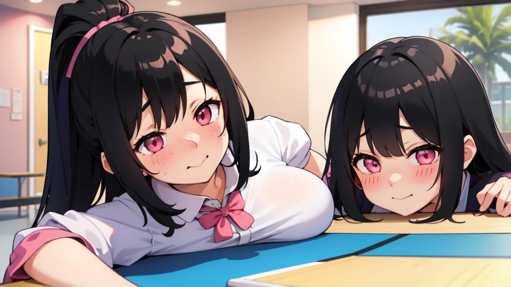 ((2girls:1.3)), ((moe style:1.3)), ((classroom:1.3)), ((phone:1.3)), teasing, cowboy shot, yuri, ((black hair:1.3)), megumin (konosuba), yunyun (konosuba), ((shy:1.3)), blush, ((perfect face)), ((extremely cute:1.3)), ((masterpiece:1.3)), ((8k)), ((best quality:1.3)), ((beautiful)), ((extremely detailed:1.3)) , ((absurdres)), AddXL, ((score_9:1.3)), ((score_8_up:1.3)), ((score_7_up:1.3)), Expressiveh