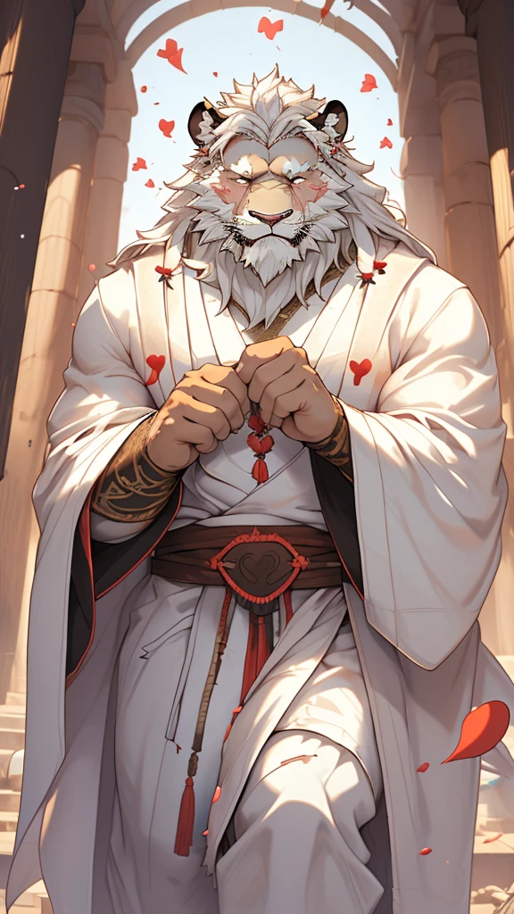 (masterpiece),(highres),(intricate details:1.4),extremely detailed,(illustration:1.2),8k,photorealistic,exquisite,solo, (Bold perspective),aged,elder male lion ,muscular, (Ancient Greek mythological style;1.8)(white robe:1.6),manhood,safeguard,(white hair:1.3),long hair,long white beard,scar,(badly damaged),(sacrifice),hurt,broken body ,bleeding ,(suffering from severe heartache:1.9),naked body 