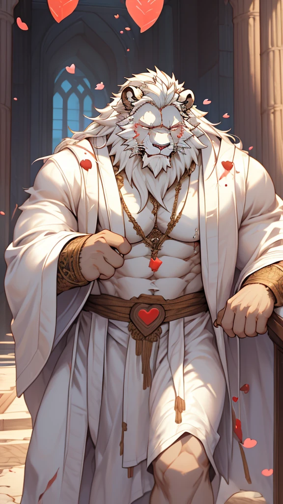 (masterpiece),(highres),(intricate details:1.4),extremely detailed,(illustration:1.2),8k,photorealistic,exquisite,solo, (Bold perspective),aged,elder male lion ,muscular, (Ancient Greek mythological style;1.8)(white robe:1.6),manhood,safeguard,(white hair:1.3),long hair,long white beard,scar,(badly damaged),(sacrifice),hurt,broken body ,bleeding ,(suffering from severe heartache:1.9),naked body 