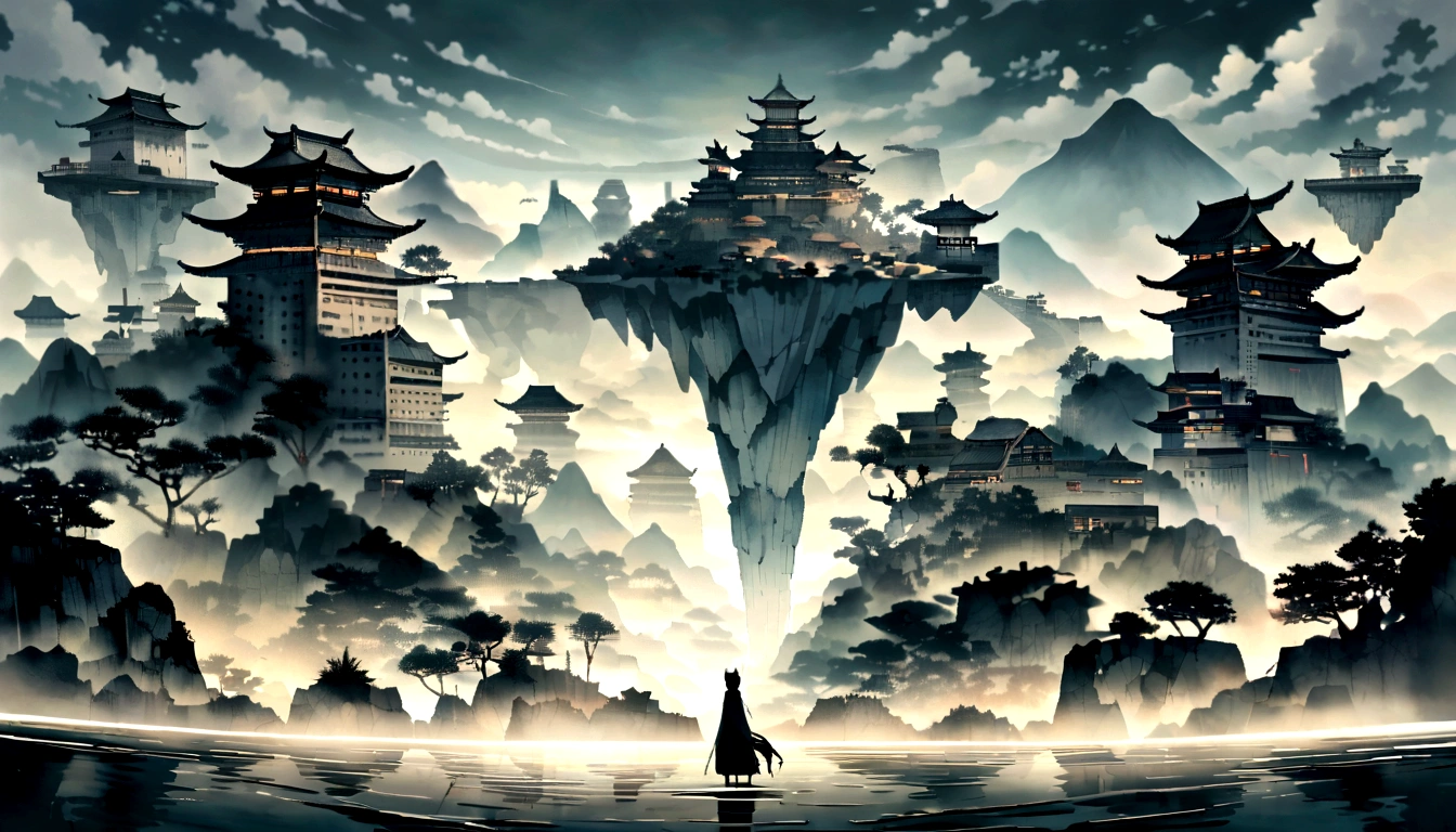 Ink painting with many roc in the background,Chinese style ancient architectural complex floating in the air,There are also some floating islands distributed in the mid to long range,There are many vertical ruins and buildings surrounding it,Mountains and rivers with a Chinese style in the distance are stacked one after another,There is a waterfall flowing down from a suitable place