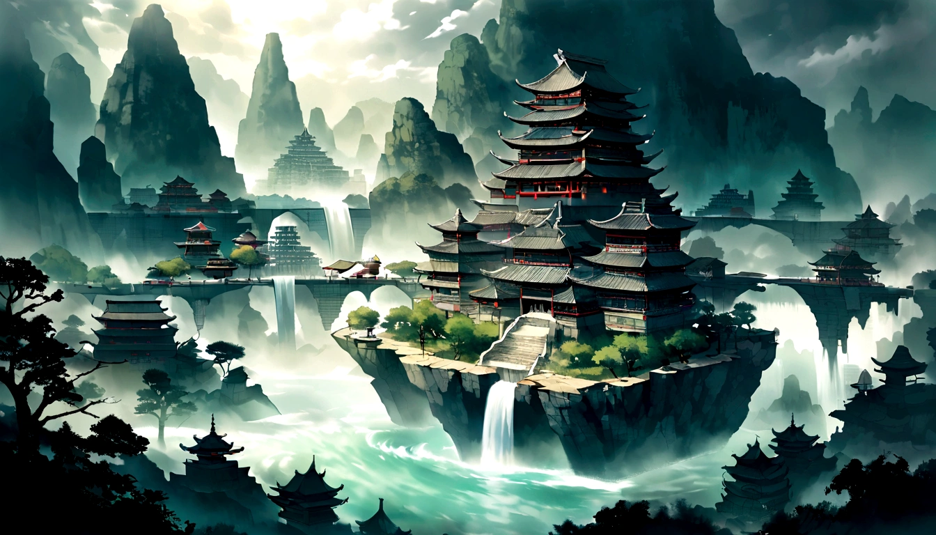 Ink painting with many roc in the background,Chinese style ancient architectural complex floating in the air，There are also some floating islands distributed in the mid to long range，There are many vertical ruins and buildings surrounding it，Mountains and rivers with a Chinese style in the distance are stacked one after another，There is a waterfall flowing down from a suitable place