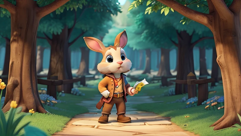 create an image in the right corner of a brave rabbit with a treasure map in his hand in an enchanted forest for a cartoon-style ebook