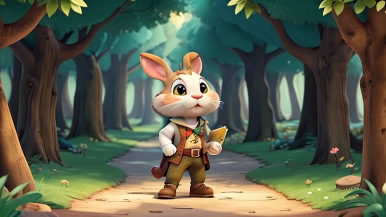 create an image in the right corner of a brave rabbit with a treasure map in his hand in an enchanted forest for a cartoon-style ebook