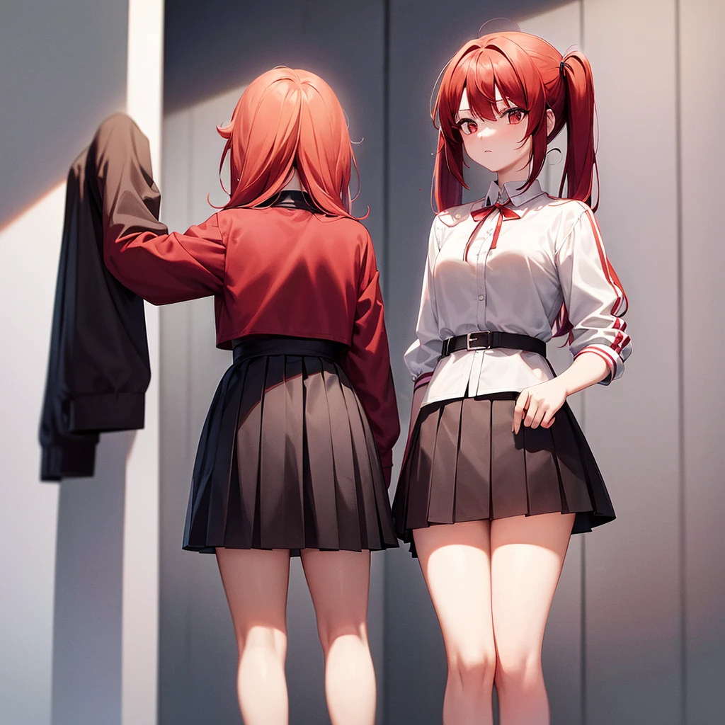 Anime girl in shorts (pleated yoke skirt), red and black clothes, white-red hair color, Twin-Tail, with beautiful inscriptions on the wall (Background). 2D wallpapers: girl in full height from below.