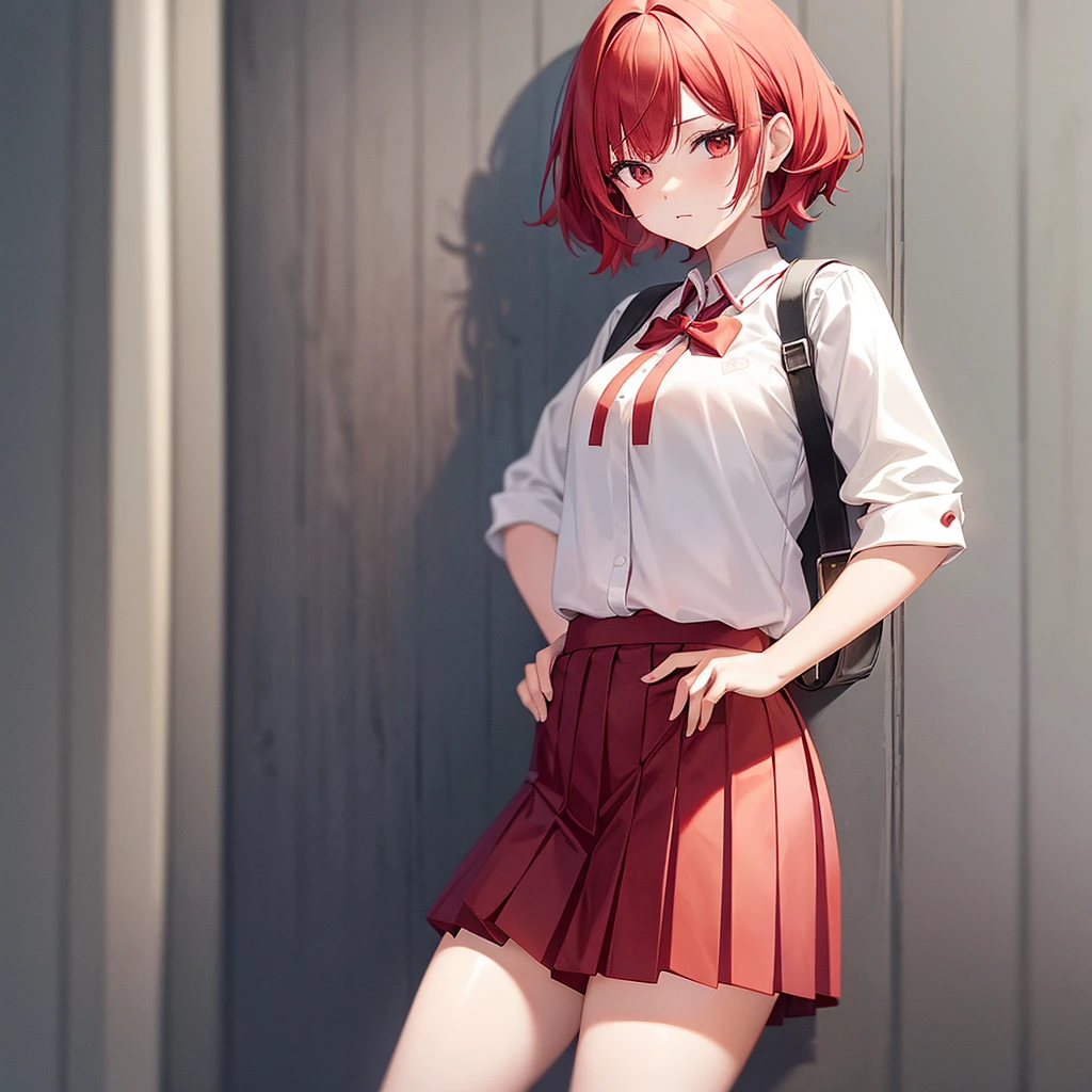 Anime girl in shorts (pleated yoke skirt), red and black clothes, white-red hair color, Twin-Tail, with beautiful inscriptions on the wall (Background). 2D wallpapers: girl in full height from below.