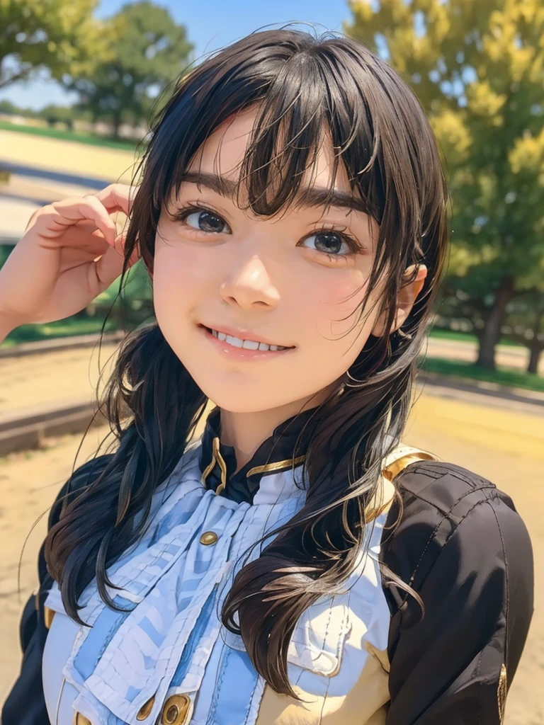 country(Azur Lane), (origin), School Uniforms, One girl, alone, Outdoor, View your viewers, Realistic, masterpiece, Highest quality, Super detailed, Thin eyebrows,masterpiece、(Highest quality:1.5)、(16k wallpaper:1.2)、(Photorealistic:1.2)、(Ultra-detailed:1.2)、Surreal、High resolution、Realistic、Highly detailed face、Sharp focus、(Sharp focus:1.2)、Bright light、(Improvement of quality:1.4)、Anatomically correct body、There is one woman、Japanese、Asian、Realistic Skin、(Pretty woman with perfect figure:1.4)、(from the front:1.5)、(Enhances the beauty of skin texture:1.2)、Beautiful fine details、Beautiful realistic face、Plump Cheeks、Beautiful black hair、The best smile、Natural color lip、Even bangs、18-year-old female、Brown Eyes、Loose and fluffy bob perm、No makeup、Drooping eye corners、Post-processing、