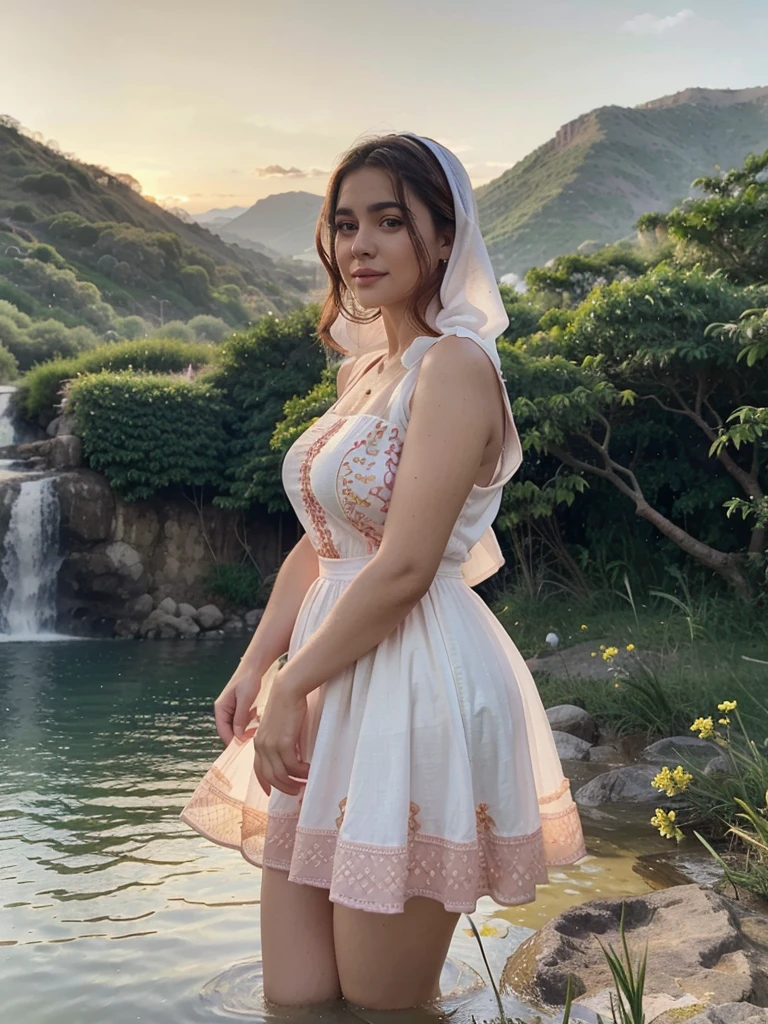 Arab dress,yellow dress,short dress (white), crocodile near the mountain,water near the grass, waterfall nearby,light green,bright flowers,red sky, wearing suit (white),lips (pink) Escasamente vestido,qbeautiful face Hermosa big hips shine in the sky,oval curves sonrisa seductora Retrato Gabriella Lin Rojo red-orange dress