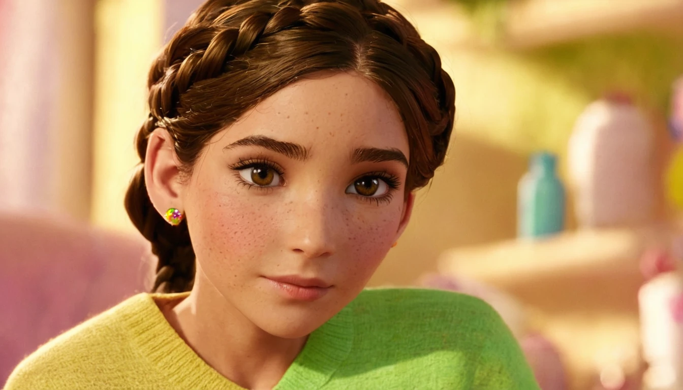 Tagged has pistachio green skin and dark brown eyes. His brown hair reaches chin length and is braided. They wear colorful makeup and have rosy cheeks. She has a pronounced birthmark on her forehead. They wear a dull copper earring.