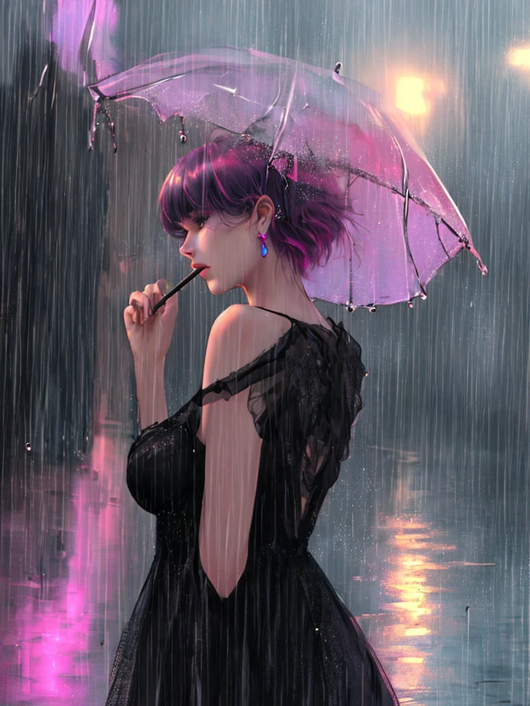 rain,Beauty,High nose,Long eyelashes,目にLight,Pink Lips,Closed Mouth,pastel colour,purple,Dull pink,Dull Blue,heart,Bobcut,Light,Strong winds,Fluttering Hair,Earrings,Smoke a cigarette,bad,cigarette,目にLight,Black Dress,Black lace,Black Hair,Inner color hair,woman