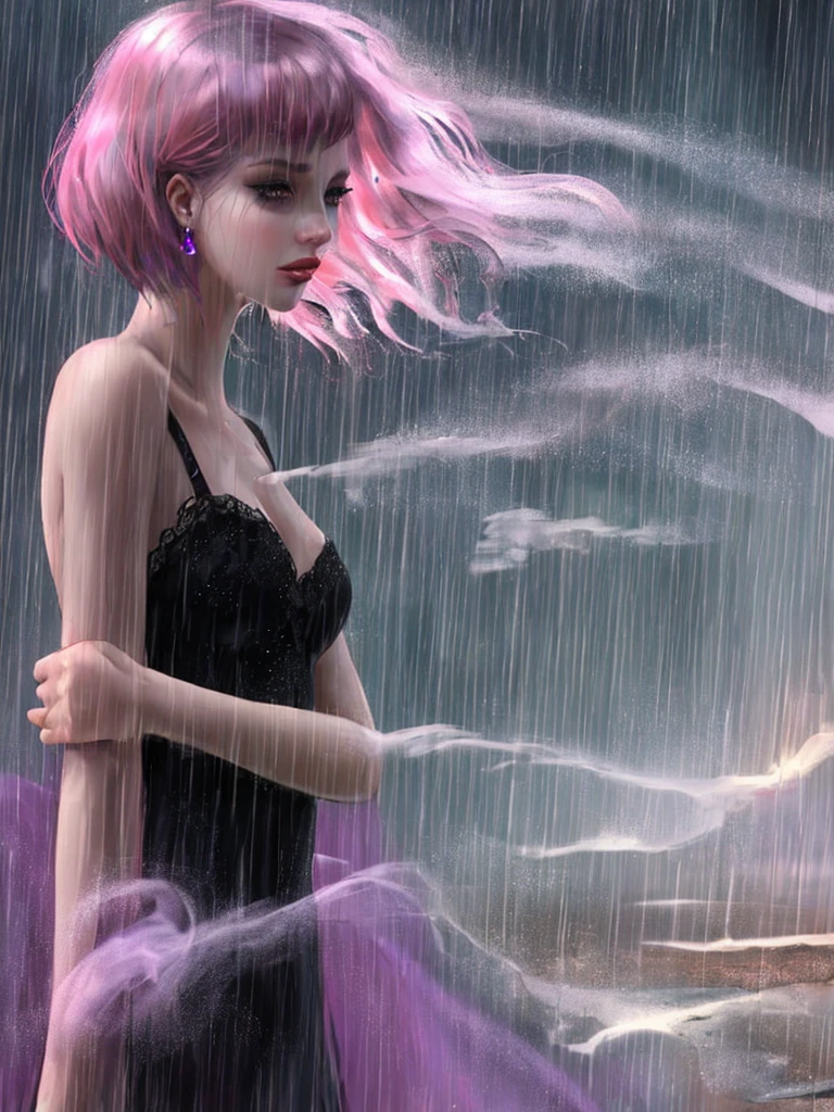 a close up picture of a woman's face looking towards the sky, as she looks up the (rain drops: 1.3) fall on her face, a very beautiful woman, long hair, pink hair, wavy hair, (elegant make up: 1.3) wet hair, closed eyes, she wears an elegant, intricate dress, there is a sense of joy on her face, an urban street at night. cloudy night, black horns
