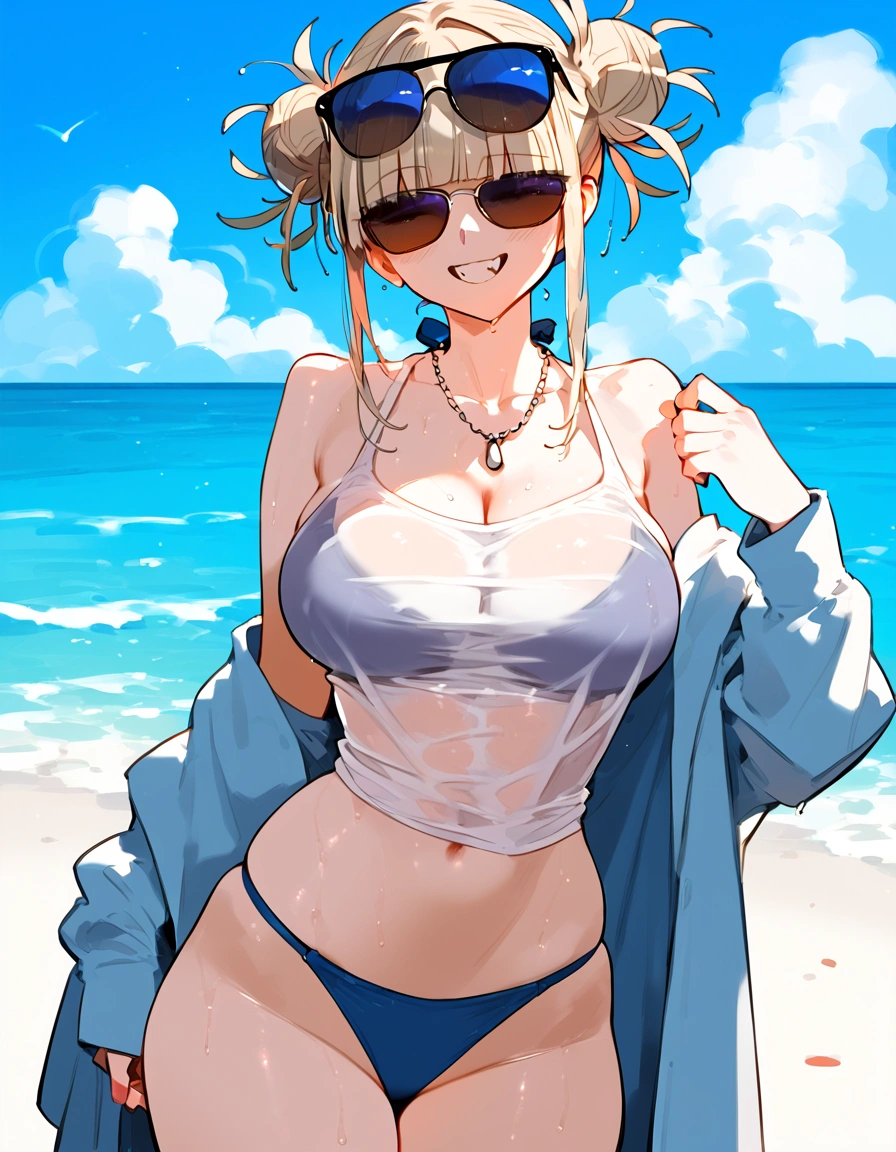 anime artwork, score_9, score_8_up, score_7_up, score_6_up, score_5_up, score_4_up, floox style //////Himiko toga, , she is 24 years old, style_3, , wearing only shirt, wet shirt, tank top, , naked, sungs covered eyes, solo, bikini under clothes, smile, beach