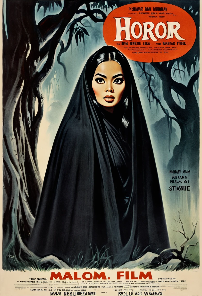 vintage film poster illustration. A vintage movie poster of horror film in 1960's style, title "MALAM" . featuring retro style with a black border around all edges. There is an young creepy, eerie, ugly face of Malay woman, long hair wearing a black long cloth, standing under a big tree and hold white stone. hyper realistic