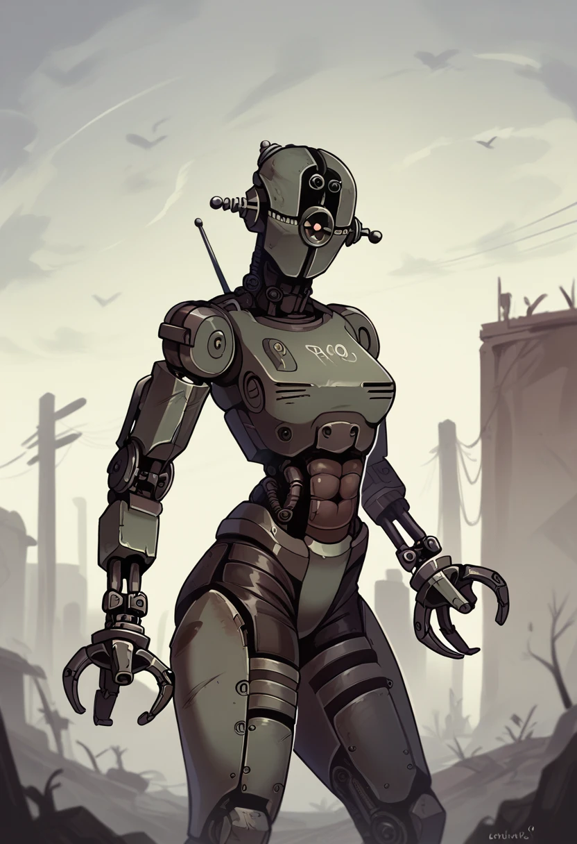 score_9, score_8_up, score_7_up, score_6_up, score_5_up, source_furry, assaultron, fallout, solo, looking at viewer, robot, humanoid robot, robot joints, one-eyed, joints, no humans, dark black skin, mechanical arms, science fiction, post-apocalypse, outside, robotic hand, 3 fingers, grey armor