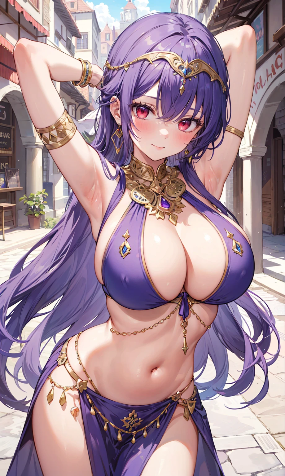 high quality, ultra detailed, best quality, insanely detailed, beautiful, masterpiece, 1girl, medieval plaza, cowboy shot, red eyes, long hair, purple hair, belly dancer, circlet, earrings, armlets, bracelets, bashful smile, large breasts, cleavage, soft stomach