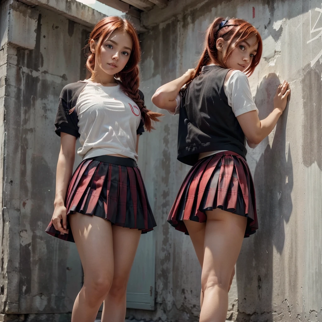 Anime girl in shorts (pleated yoke skirt), red and black clothes, white-red hair color, Twin-Tail, with beautiful inscriptions on the wall (Background). 2D wallpapers: girl in full height from below.