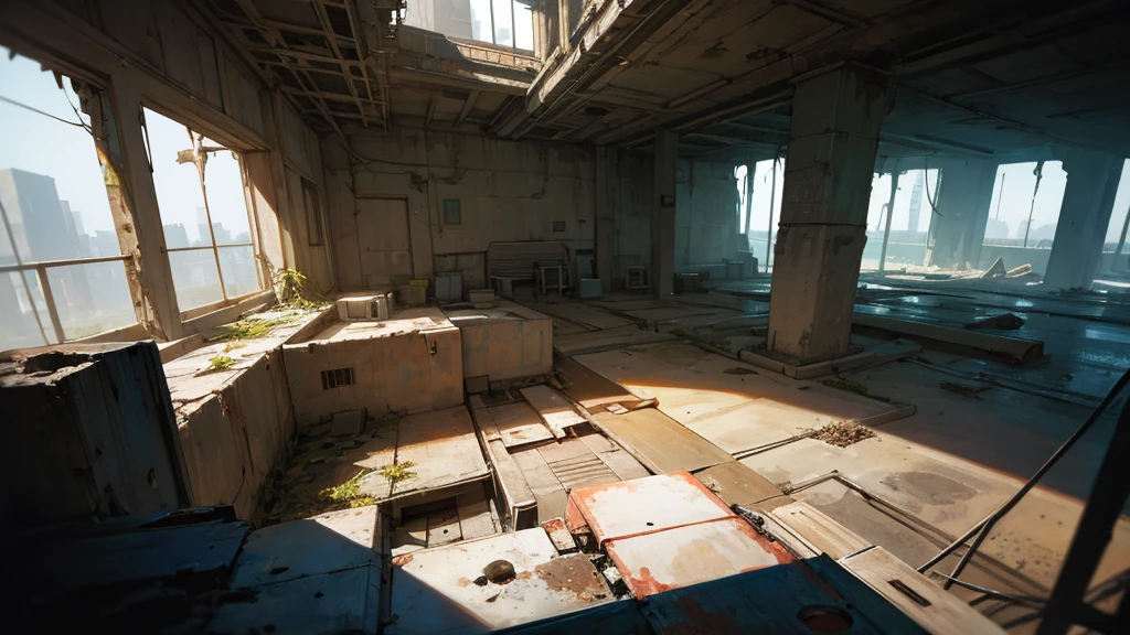 a futuristic abandoned cosmodrome interior room, high angle view, detailed interior, decaying technology, dim lighting, rusted pipes, crumbling concrete, overgrown vegetation, dust motes, shafts of light, abandoned equipment, atmospheric, cinematic, dramatic lighting, moody, gritty, photorealistic