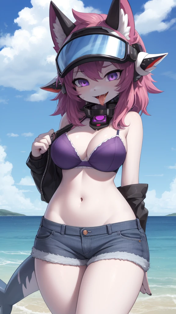 ((best quality, Masterpiece, Complete anatomy, Detailed pictures)), 1 female, arctic protogen, shark girl, Long visor, purple visor, purple eyes, sexy body, Big Pong, Chest 87, Waist 57, Thigh 86, naked, Shark tail, red red, shy, in the sea, Denim short, white bra, shorts, Stick out your tongue and drool.