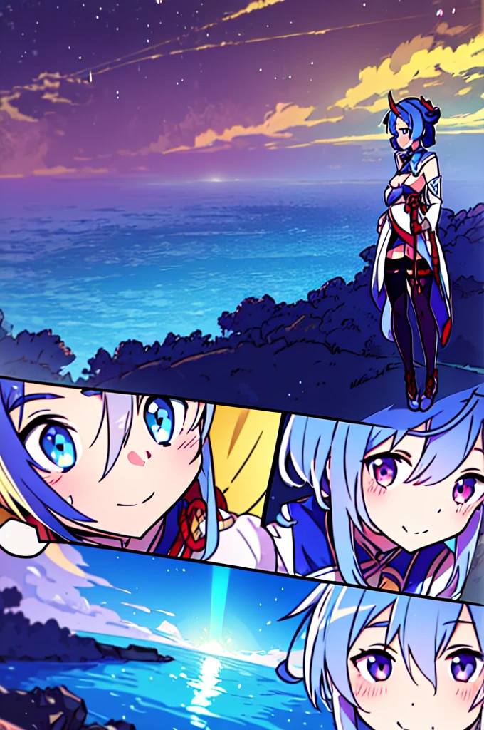 Very detailed,Pieces fly, Highest quality, Anime Images, Anime style etc.., Hired \(Genshin Impact\), Sit at the table, View from above, smile, 1 Girl, Twin Horn, ticker,Fits your body type, I can see the pussy , blush, Colorful pastel fantasy,Sexy pose,Very detailed background,Nice views,Beautiful and beautiful scenery,（（Very detailed landscape））,Incredibly high quality,Night Sky