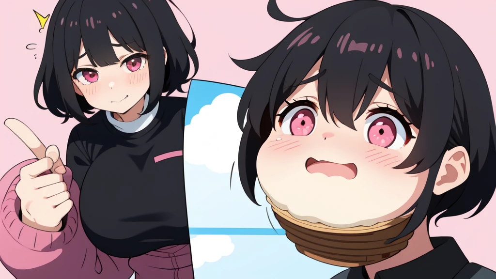 One girl,Black Hair,Pink eyes,(blush:1.1)、Embarrassed face、 ((Heavy breathing:1.3)), like,  smile、Big Breasts、whole body,I'm eating ice cream