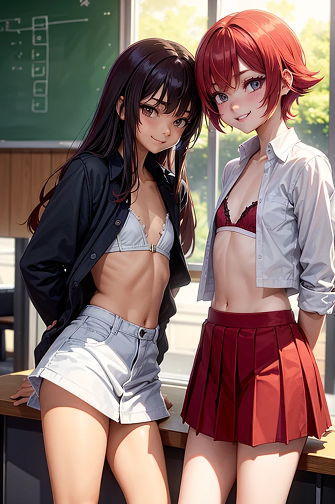 (super flat, flat shading, flat color:1.1), (classroom), 2 girls, tomboy, young , high school girl, slim, small breasts, short spiky red hair, open shirt, white bra, Execution in classroom, enjoying, smile, smile, Emotional, wide angle, bright sunshine, best shadows, watercolor