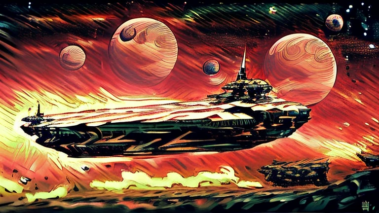 A battle scene unfolding in planetary orbit。Beautiful planet environment in the background, Shining Star々, Outer space expands、A fierce battle is taking place near the planet.。Lasers fired from spaceships and defense stations, Exploding missile, Explosion effects added、The thrill and tension of war are expressed.。The designs of battleships and aircraft are futuristic.、The details are depicted in detail.。