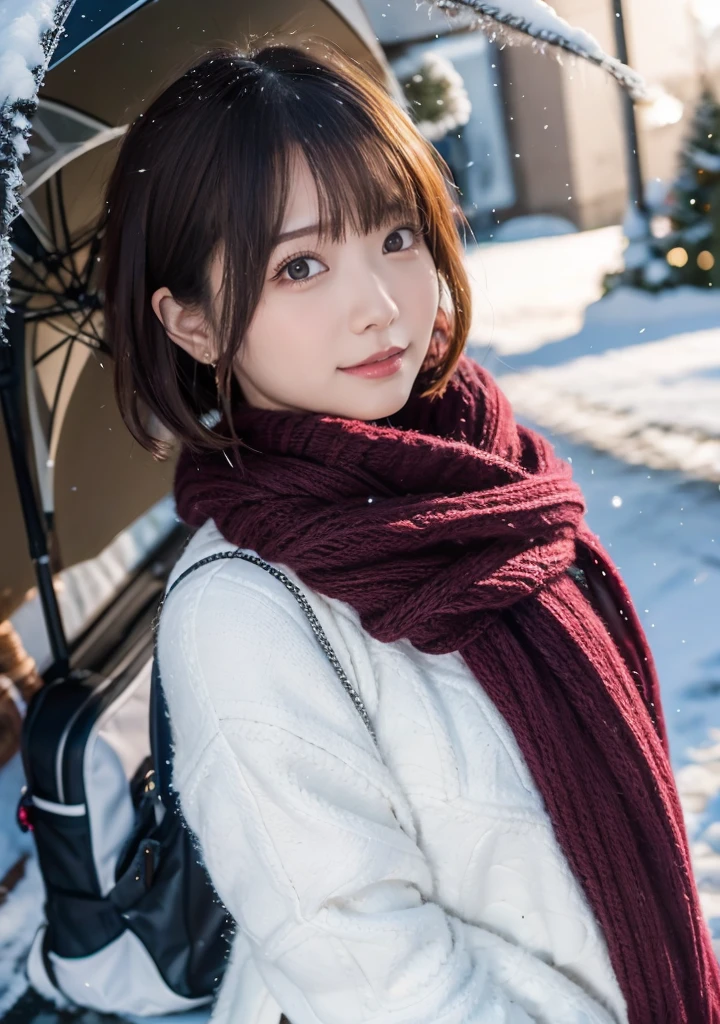 (highest quality、masterpiece、8K、best image quality、hyper realism、Award-winning work)、1 girl、(Classy coat:1.1)、(perfect pink scarf:1.1)、Soft and delicate light、dramatic lighting、Romantic snowy night city、Romantic Christmas illuminations、Beautiful night view of a snowy city、the best smile looking at me、Fine sparkling snow、Beautiful snow reflecting light、Diamond dust、(Tyndall effect:1.1)、beautiful snow scene、(It's snowing:1.1)、(Snow in your hair:1.1)、accurate anatomy、(close up of face:1.1)、Beautiful glossy lipstick, natural color、natural makeup、glossy lips、Ultra high definition glossy skin、ultra high definition radiation, beautiful skin、Milky white moisturized skin、Beautiful glowing skin、超高精細のglossy lips、Super high-definition sparkling eyes、Beautiful perfect teeth in super high resolution、Show your beautiful teeth and smile big