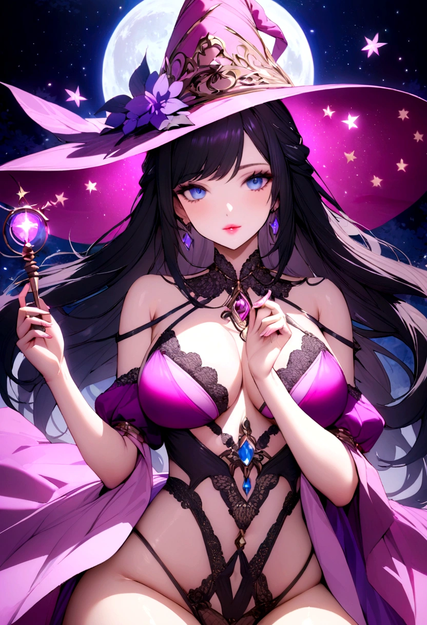 A captivating depiction of a witch with a strong lilac and pink hat and a magic wand in her hand , young and beautiful model with an extremely beautiful face framed by black hair blue eyes pink lips , her figure is breathtaking, Meticulously rendered with perfection in every detail, looking attractive in a sexy pose She exudes natural charm and seduces viewers with her captivating presence. Wearing a lilac and hot pink two-piece outfit that emphasizes her curves, It perfectly displays the elegance and sensuality of the beautiful hot world in colorful scenery with full moon and stars and magic