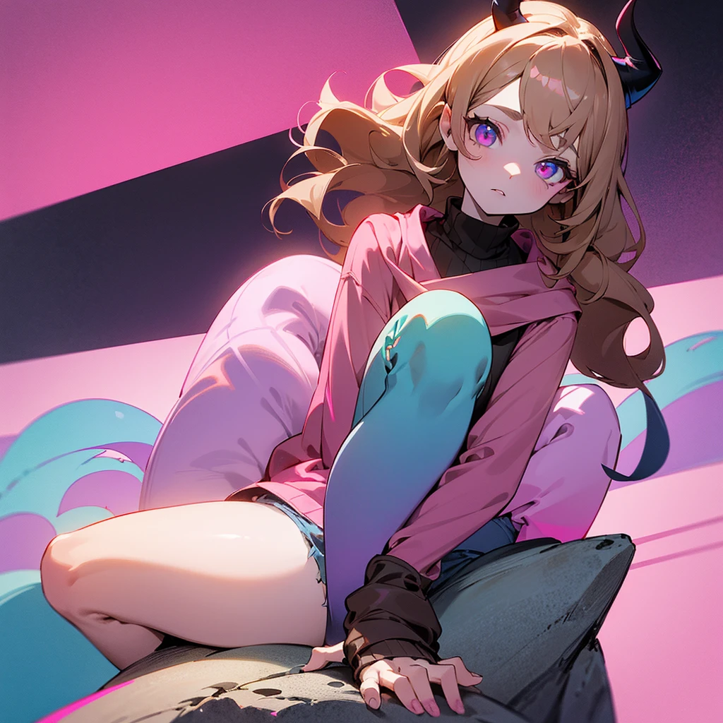 Pale skinned girl, bicolor eyes having one red and one brown, waist-length wavy light brown hair with two black strands, pastel purple sweater, denim shorts, a pink scarf with a blue line in the center on the neck, pink demon horns with pastel blue and pink and pastel blue demon tail sitting on a rock on a mountain while the moonlight illuminates it