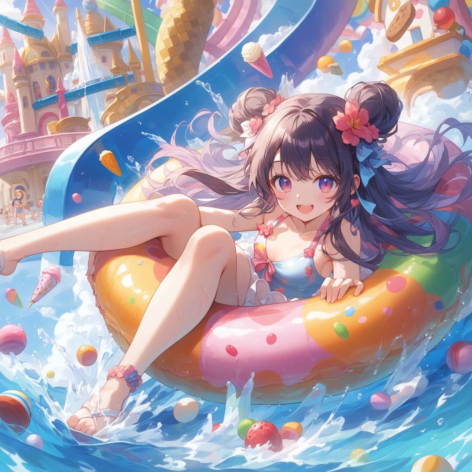 score_9, score_8_up, score_7_up, source_anime,masterpiece, best quality, high resolution, extremely detailed CG, absurdres, highres, A dreamy water playground, all the buildings are made of ice cream, the ice cream castle is colorful, and the girl in swimsuit is sliding down the water slide, very happy, (((vivid color)))