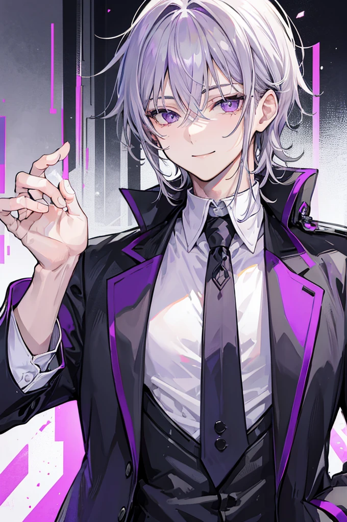 Young man, grey hair, purple eyes, smile face, modern style, handsome man, cool boy, bad boy, teenagers, 