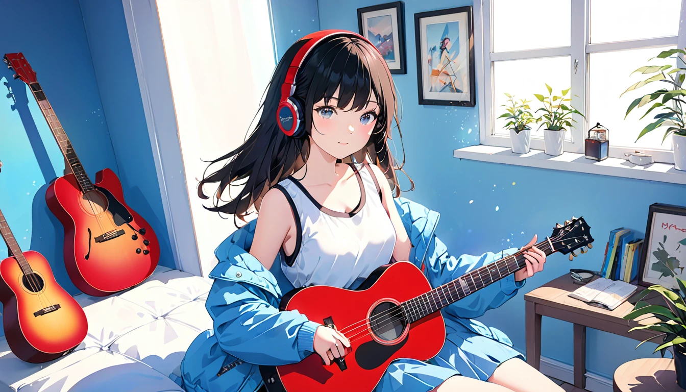 (Absurd:1.1, High resolution:1.1, 超detailed:1.1), 非常にdetailedな, 超detailed hair, (Fine grain:1.4), (Shining Eyes:1.3), thin, cute, Perfectly symmetrical face, narr○w waist, 超cute girl, 超cute face, 超cute, Super beautiful, Beautiful colors, merry (Yanmar gauge),From wlop,((Great quality)), (Beautiful legs), Sitting, smartphone, Upper body rest (Beautiful colors,detailed,Highest quality,Great quality,so beautiful), guitar, Headphones, Jacket, Tank top, Chair, Lighting and Shadows(perspective), Lighting particles, colorful, masterpiece, Stylish room,