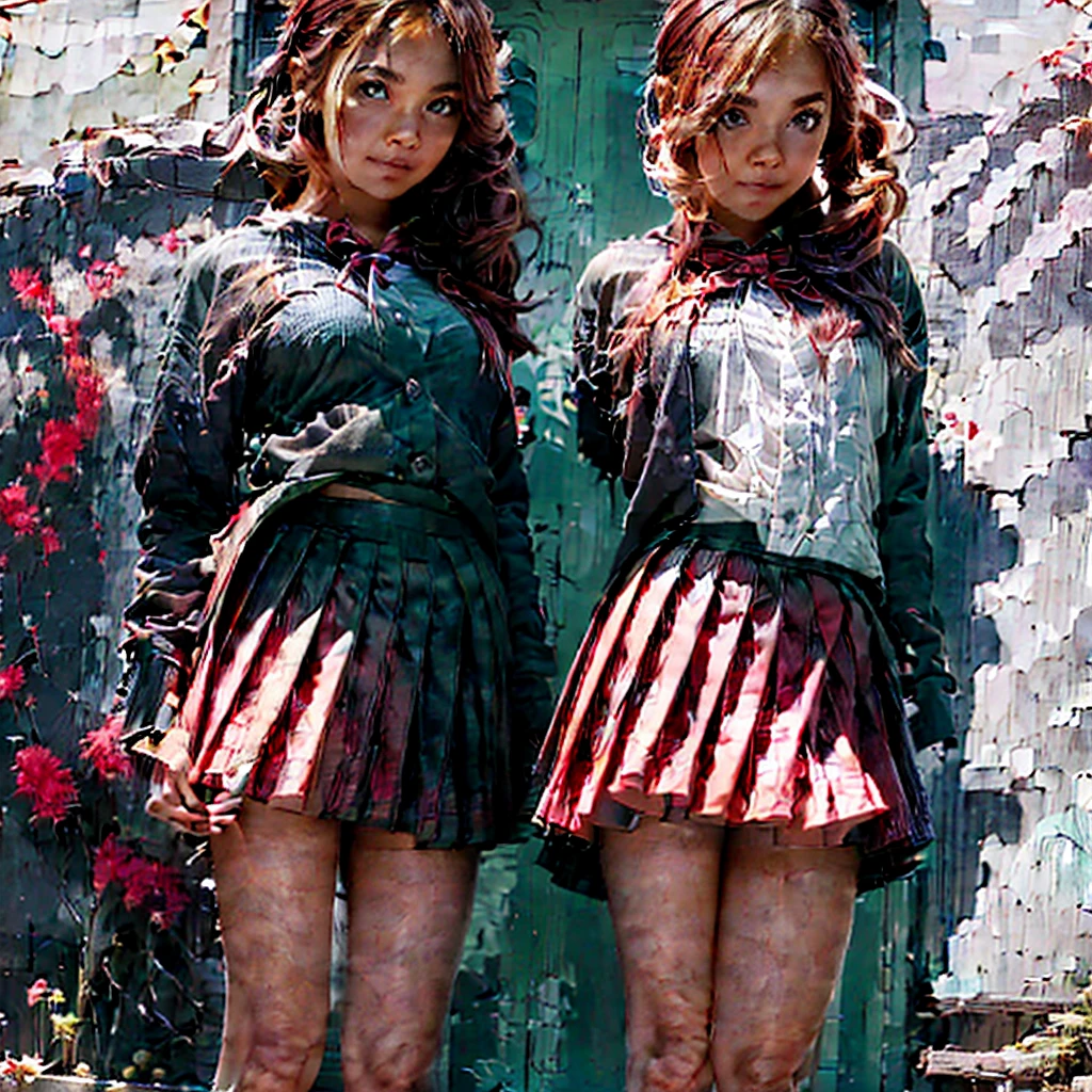 Girl in shorts (pleated yoke skirt), red and black clothes, white-red hair color, Twin-Tail, with beautiful inscriptions on the wall (Background). 2D wallpapers: girl in full height from below.