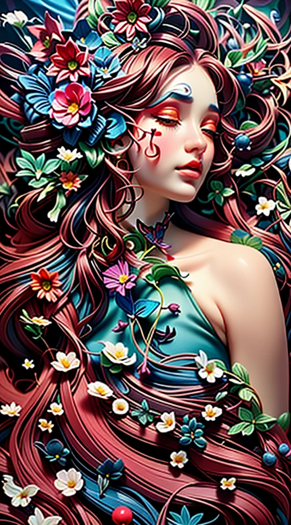 A closeup of a woman with a flowery head and a black dress, arte assombrosamente bela, natalie shau, bela arte digital, lindo arte digital, karol bak uhd, estilo de Karol Bak, linda arte digital linda, Natalie Shau Tom Bagshaw, bela arte digital, retrato surreal bonito, arte digital impressionante, Arte Surrealista Emocional