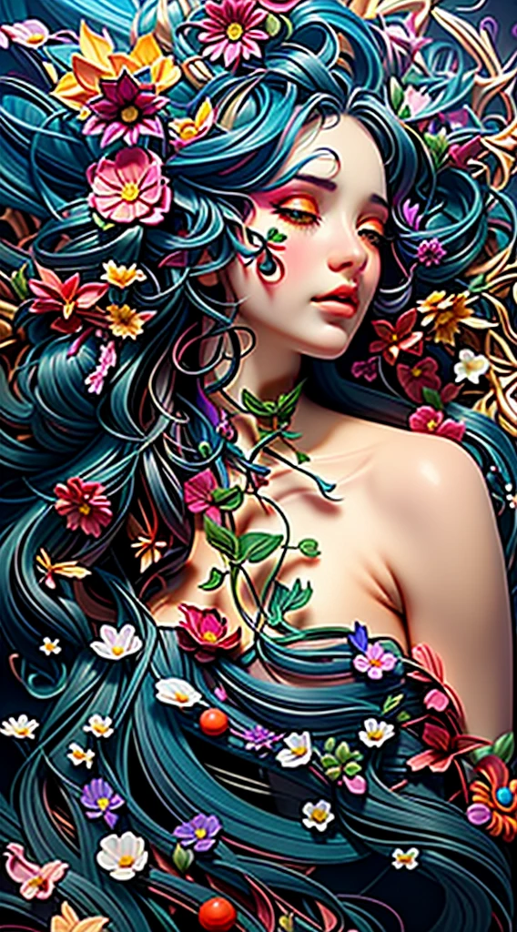 A closeup of a woman with a flowery head and a black dress, arte assombrosamente bela, natalie shau, bela arte digital, lindo arte digital, karol bak uhd, estilo de Karol Bak, linda arte digital linda, Natalie Shau Tom Bagshaw, bela arte digital, retrato surreal bonito, arte digital impressionante, Arte Surrealista Emocional