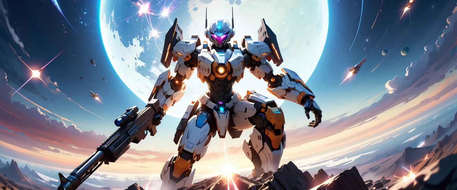 a female mech warrior in battle on a moon in space, full body shot, action shot, a tough and beautiful female mech warrior, short blond hair, dynamic eye color, intent gaze, ultra detailed face, best detailed face, she wears mech armor, and massive sci-fi gun, in battle, outer space background, stars, vibrant, Ultra-high resolution, High Contrast, (masterpiece:1.5), highest quality, Best aesthetics), best details, best quality, highres, (ultra wide angle: 1.2), 16k, ultra detailed, masterpiece, best quality, (extremely detailed),aetherpunkai, Mechanical Creatures, assault rifle