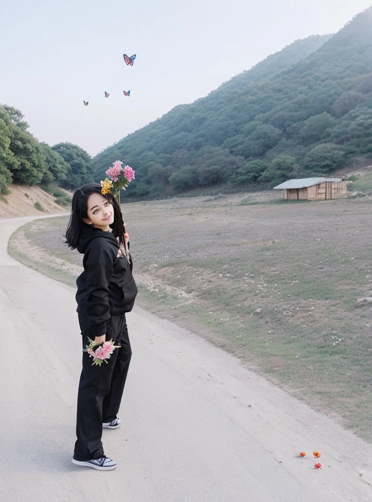 Turn into anime and show a message Happy Birthday Nibedita with flowers and butterflies