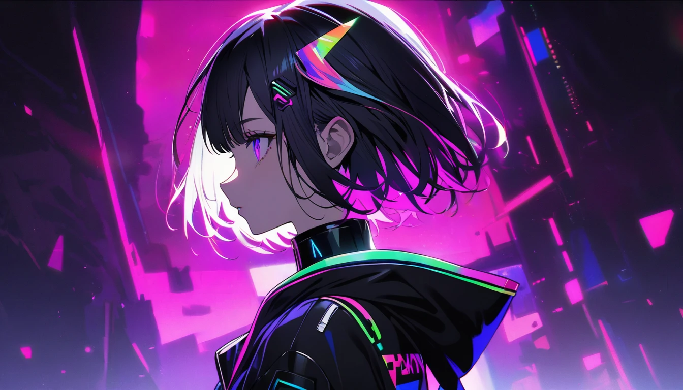 elegant, alone, 1 female, short hair, Black fur, Rainbow Hair, Purple eyes, Black and white hood, Futuristic, cyber-punk, cyber-