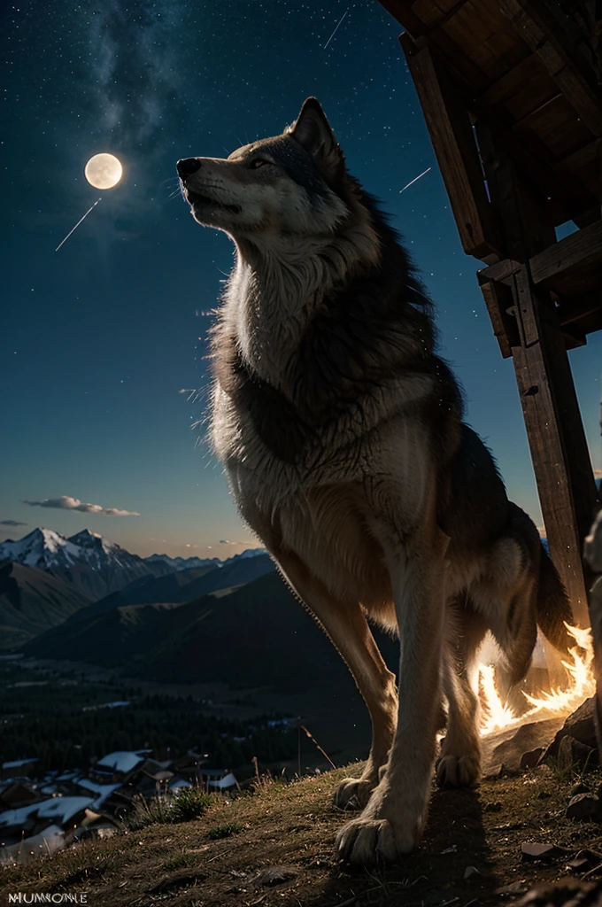 anime of wolf roars,stand in mountain, in junggle, full moon, many of stars