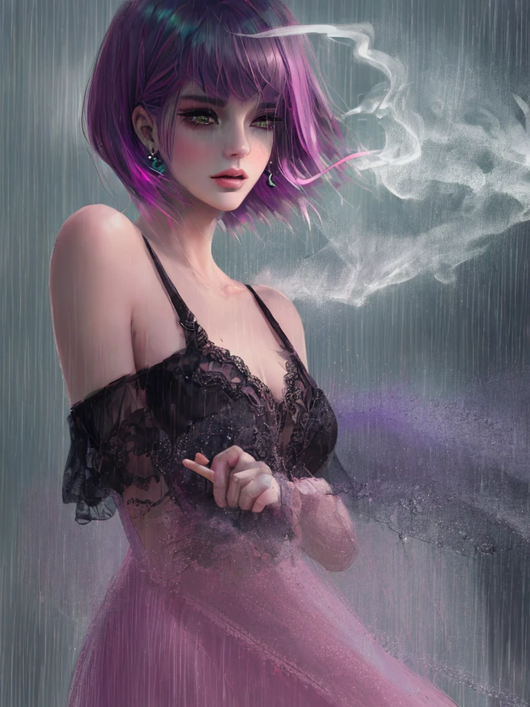 rain,Beauty,High nose,Long eyelashes,目にLight,Pink Lips,Closed Mouth,pastel colour,purple,Dull pink,Dull Blue,heart,Bobcut,Light,Strong winds,Fluttering Hair,Earrings,Smoke a cigarette,bad,cigarette,目にLight,Black Dress,Black lace,Black Hair,Inner color hair,woman