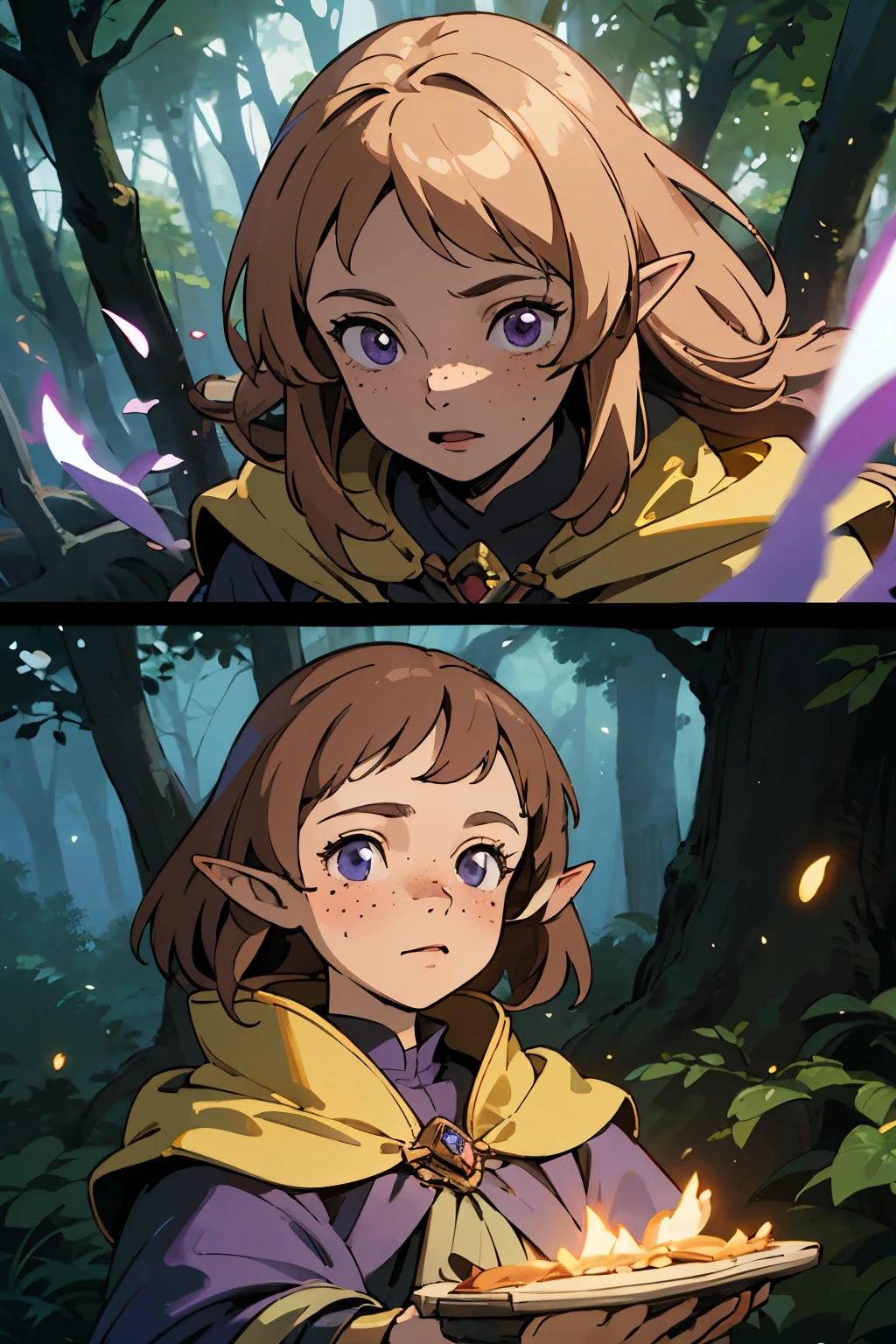 (masterpiece), best quality, expressive eyes, perfect face, magical, fantasy, DnD Character, woman, Half-elf, druid, long brown hair, lavender purple eyes, gold accessories, fair skin, pretty, freckles, in forest, druid clothing, magical glowing, magical forest, nighttime, fireflies, holding white cute duck,