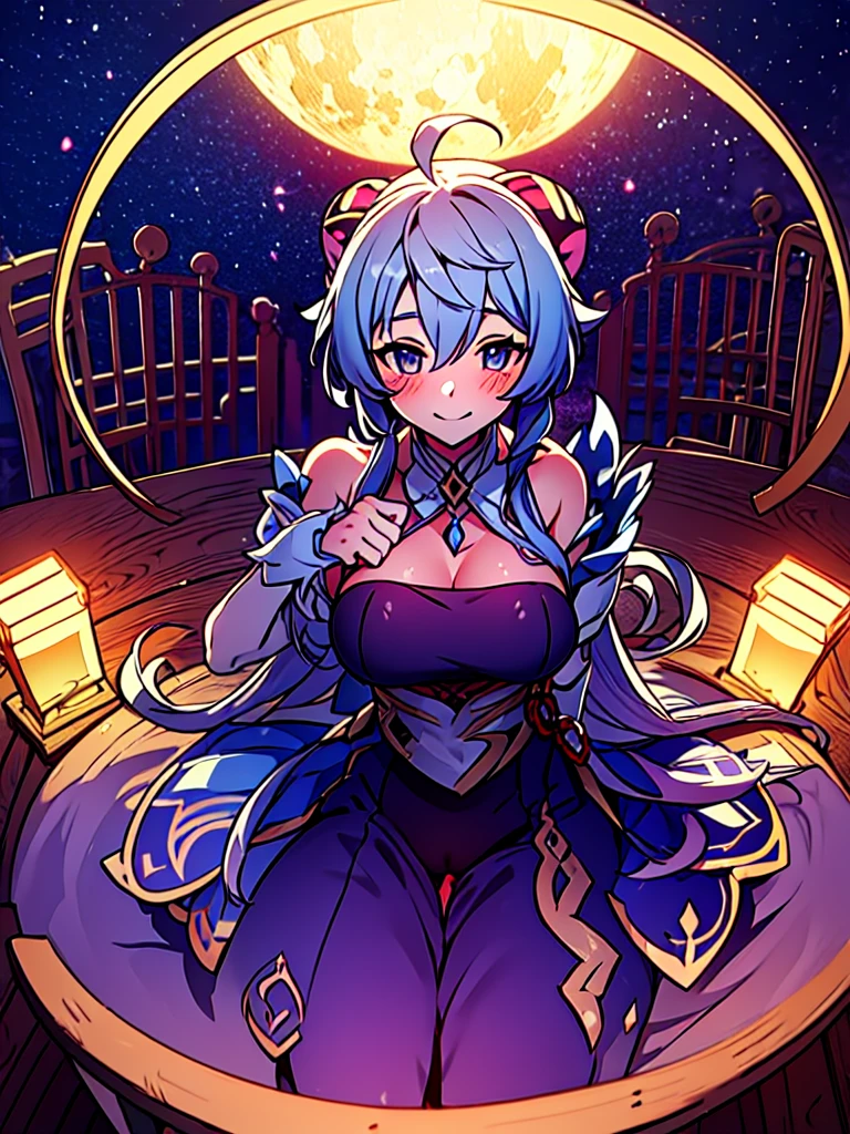 Very detailed,Pieces fly, Highest quality, Anime Images, Anime style etc.., Hired \(Genshin Impact\), Sit at the table, View from above, smile, 1 Girl, Twin Horn, ticker,Fits your body type, I can see the pussy , blush, Colorful pastel fantasy,Sexy pose,Very detailed background,Nice views,Beautiful and beautiful scenery,((Very detailed landscape)),Incredibly high quality,Night Sky