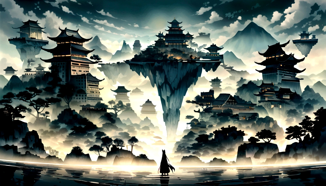 Ink painting with many roc in the background,Chinese style ancient architectural complex floating in the air,There are also some floating islands distributed in the mid to long range,There are many vertical ruins and buildings surrounding it,Mountains and rivers with a Chinese style in the distance are stacked one after another,There is a waterfall flowing down from a suitable place