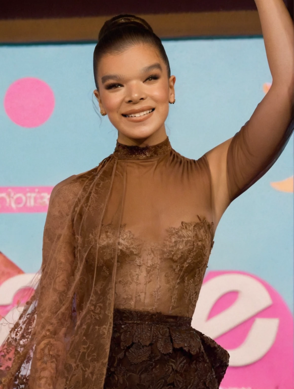 ultra realistic photo of a 40-year-old actress Hailee Steinfeld , sexy woman (hail33 woman, long brown hair, long brown hair pulled back, hair bun, smiling, HaiStei ), outdoors, high neck Mekhela Chador (Assamese traditional attire) lace covering chest and cleavage, huge breast , busty body, Eye roll of exasperation, day time